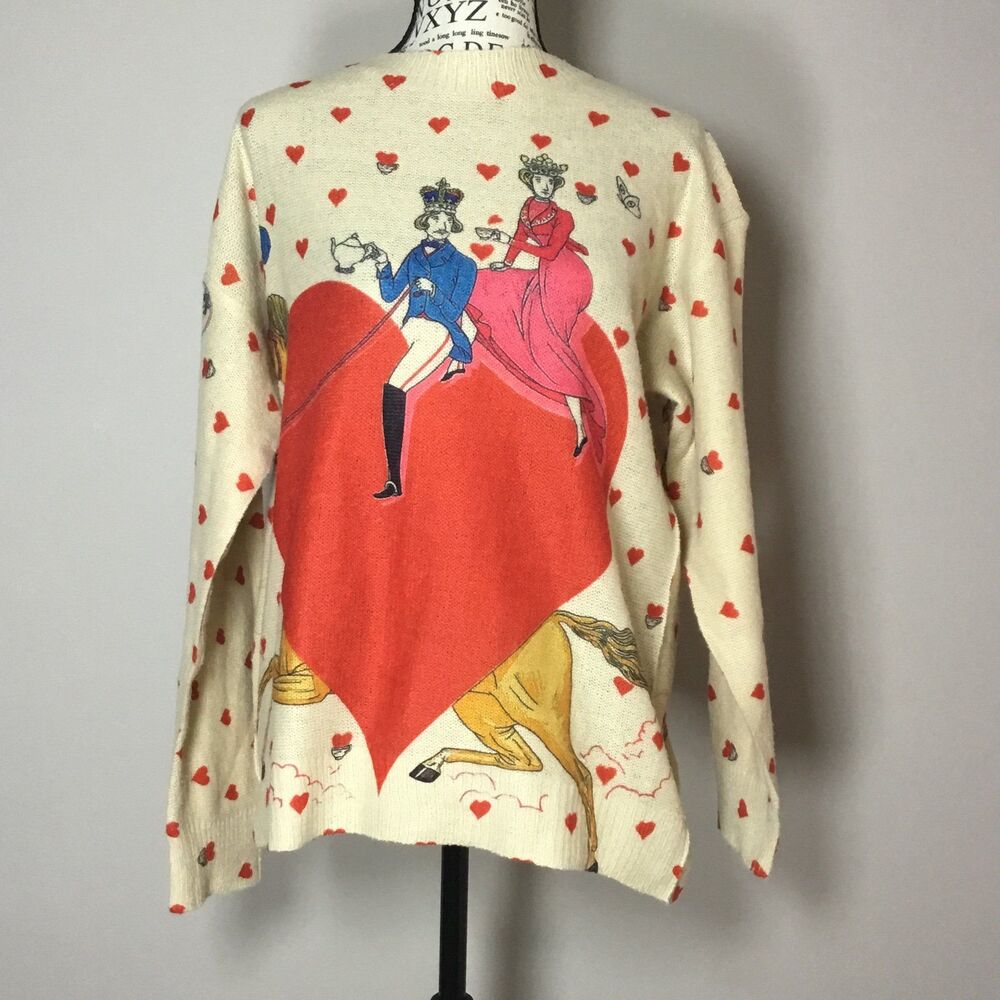 Knit Queen of Hearts sweater king queen horse heart teacups pattern tan whimsy L